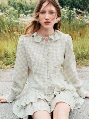 Light Sage Ruffle Button-Front Long sleeve shirt romantic